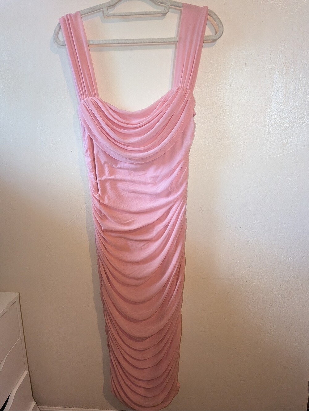 Ruched Pink Maxi Dress with Draped Cowl Neck Size L